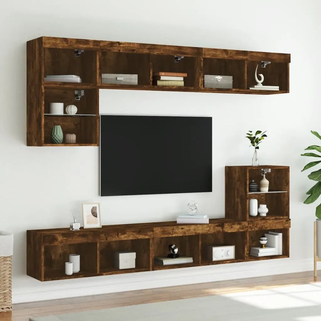vidaXL Έπιπλα Τοίχου Τηλεόρασης 8 τεμ LED Καπνιστή Δρυς από Επεξ. Ξύλο