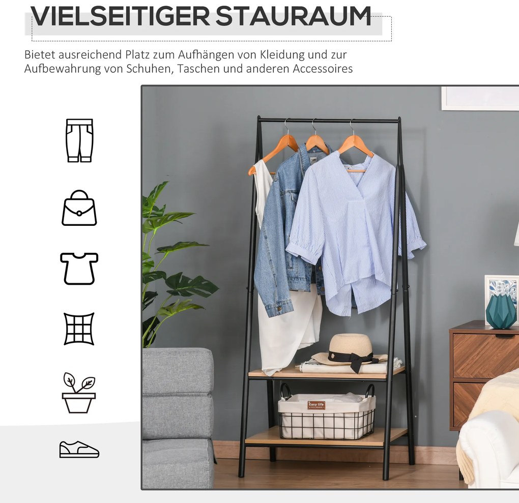 HOMCOM Στάντ παλτό, κρεμάστρα με ράφι παπουτσιών, βάση ρούχων από μέταλλο + ξύλο μαύρο + φυσικό 64 x 42,5 x 149 cm