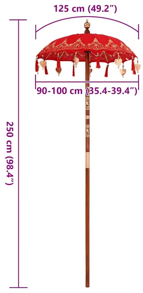 vidaXL Μπαλινέζικη Ομπρέλα Κόκκινο x 260 εκ Βαμβάκι και συμπαγές ξύλο