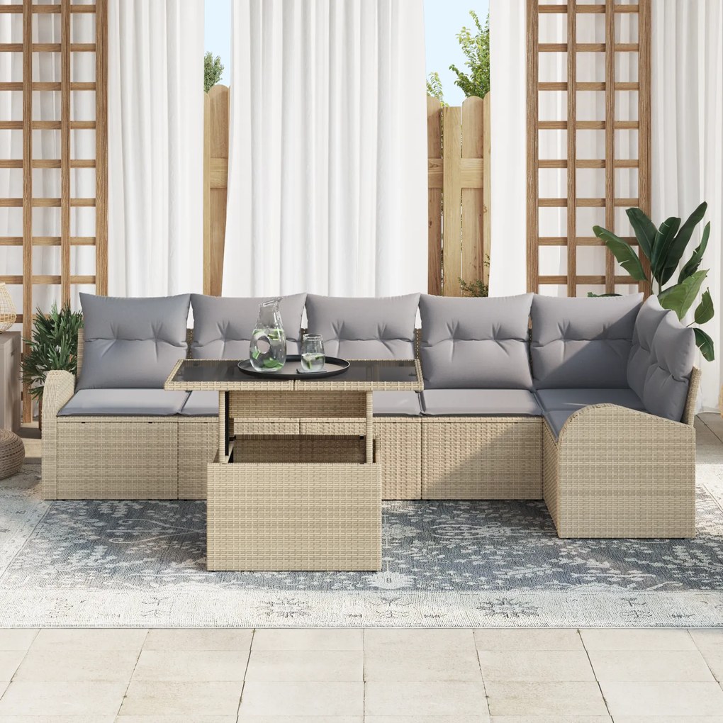 vidaXL Set καναπέ κήπου 7 κομματιών με μαξιλάρια σε μπεζ πολυ ράτταν
