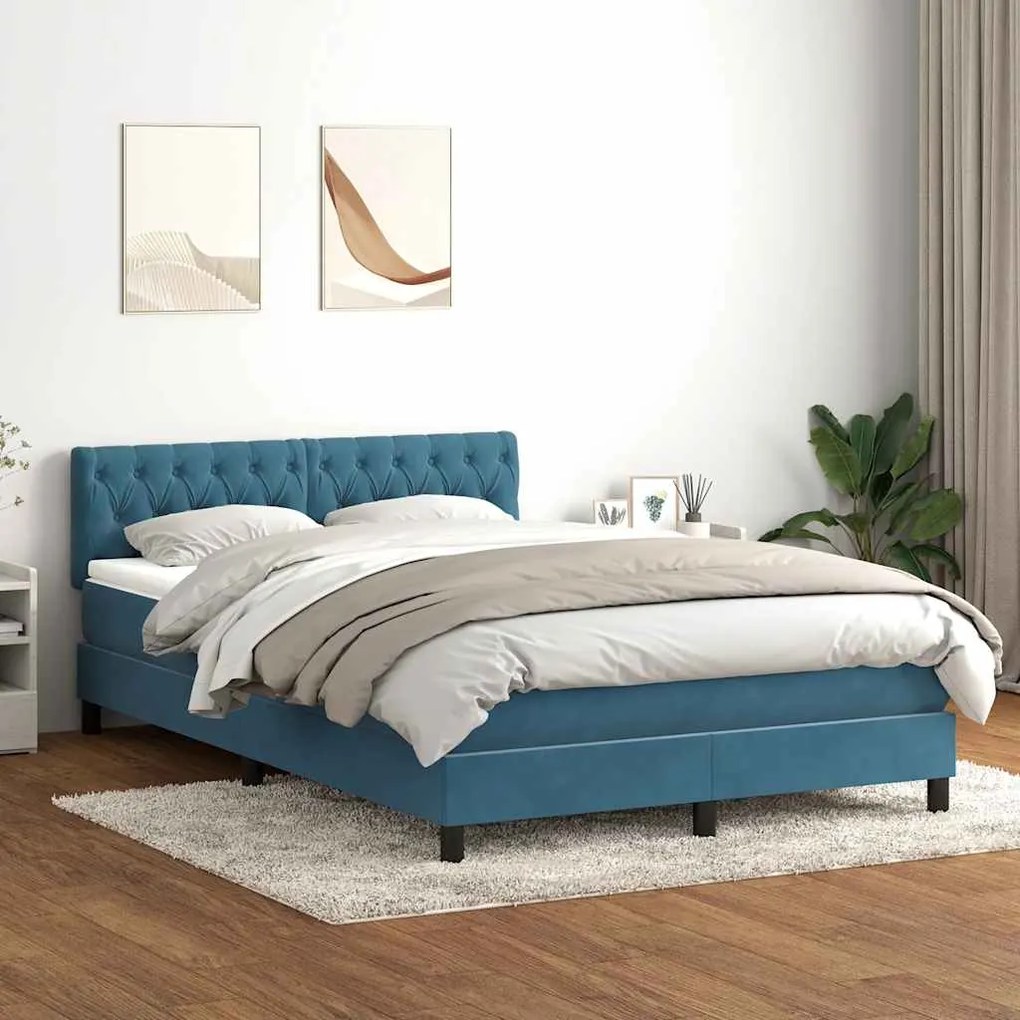 vidaXL Κρεβάτι Boxspring με Στρώμα Σκούρο Μπλε 140x210 εκ. Βελούδινο