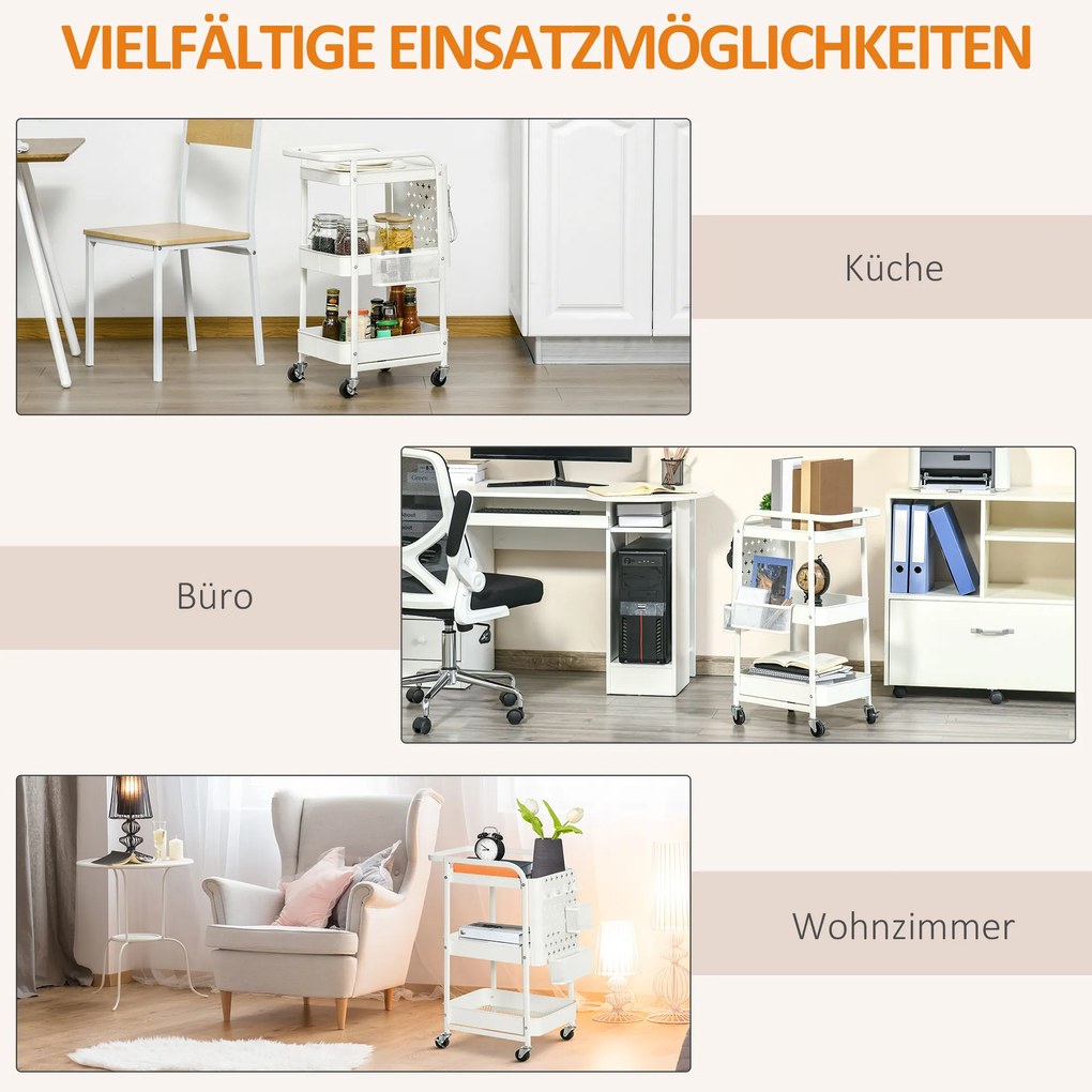 HOMCOM Κουζινικό τρόλεϊ με πίνακα διάτρησης, κρεμάστρες πετσετών και καλάθια αποθήκευσης, 51,5 cm x 32 cm x 75,6 cm, Λευκό