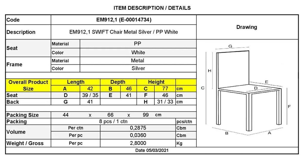 Καρέκλα Swift Bαφή silver PP Λευκό Συσκ.8τμχ 42x46x77cm