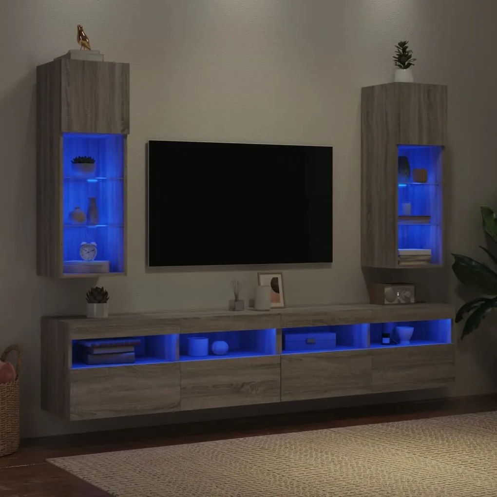 vidaXL Έπιπλα Τηλεόρασης με LED 2 τεμ. Γκρι Sonoma 30,5x30x90 εκ.
