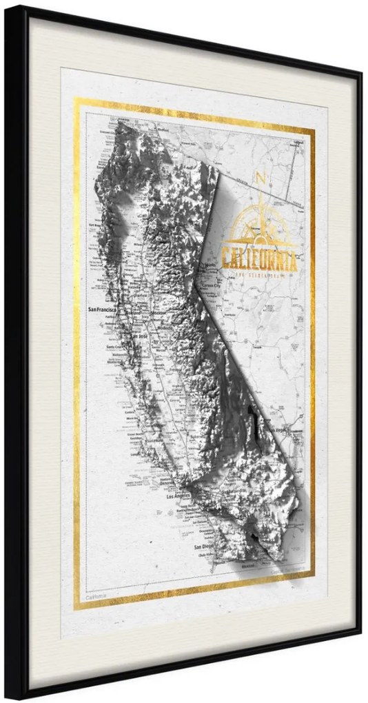 Αφίσα - Raised Relief Map: California - 20x30 - Μαύρο - Με πασπαρτού