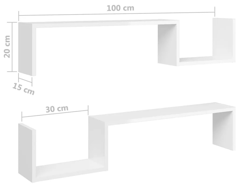 Ραφιέρες Τοίχου 2 τεμ. Γυαλιστερό Λευκό 100x15x50εκ Επεξ. Ξύλο - Λευκό