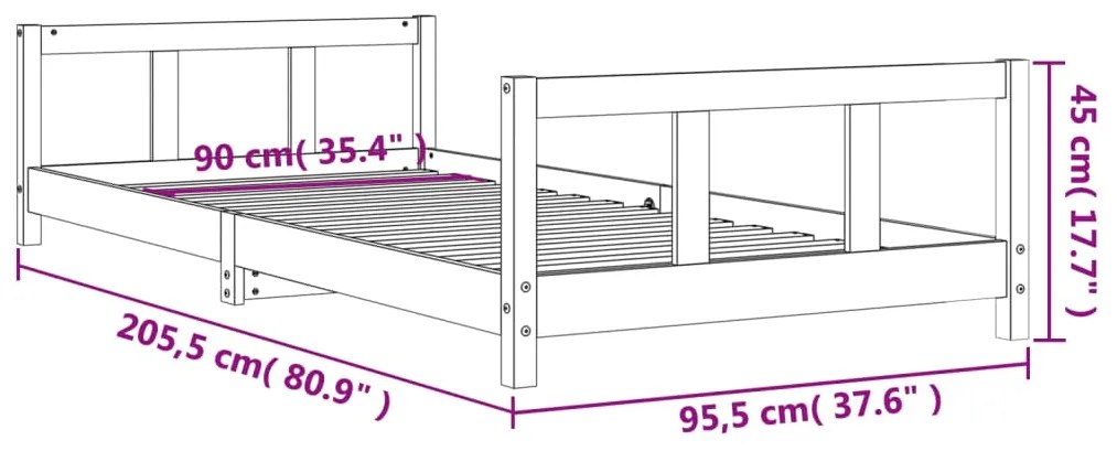 Πλαίσιο Παιδικού Κρεβατιού Μαύρο 90x200 εκ. Μασίφ Ξύλο Πεύκου - Μαύρο