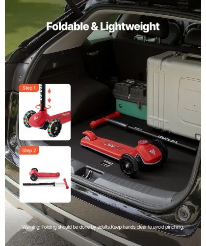 VEVOR Kick Scooter for Kids Ages 3+, 3-Wheel Toddler Scooter with Light-Up Wheels, Adjustable Height Handlebar, Wide Anti-Slip Deck, Lightweight Aluminum Frame for Boys and Girls up to 74.8 kg, Red