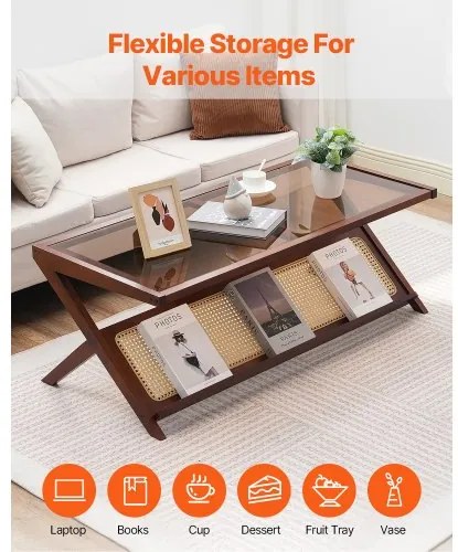 VEVOR Rattan Coffee Table Z-Shaped Rattan Coffee Table 1-Tier for Living Room