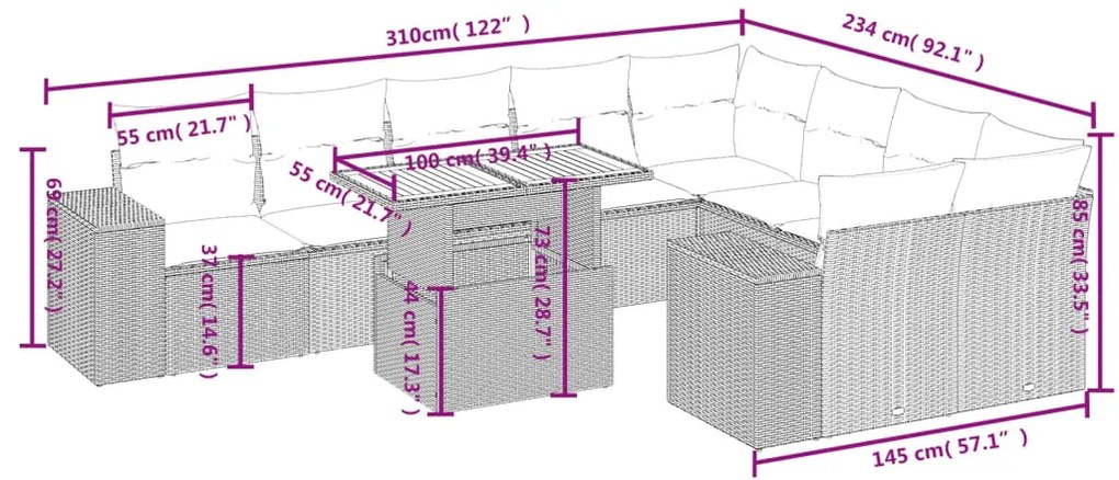 vidaXL Σαλόνι Κήπου Σετ 10 Τεμαχίων Μαύρο Συνθετικό Ρατάν με Μαξιλάρια