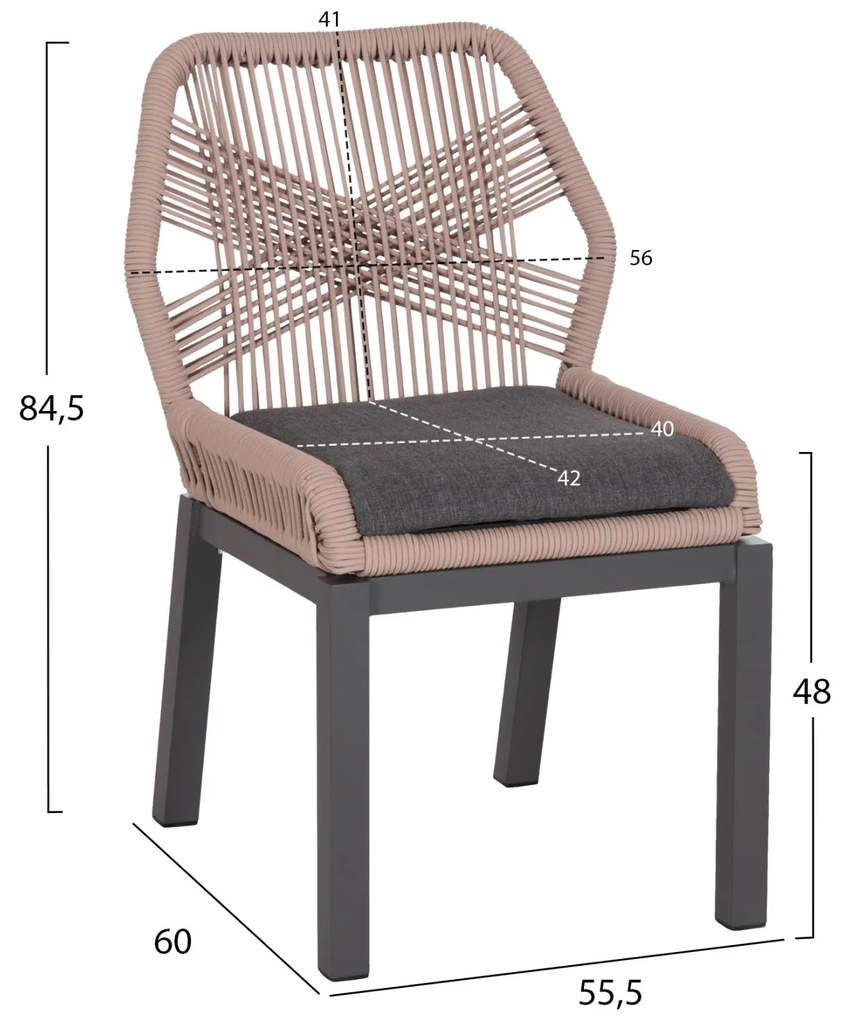 Καρέκλα HOWARD C5547.12 Αλουμίνιο Ανθρακί με Σχοινί και Μαξιλάρι Μπέζ 55,5x60x84,5Υ εκ. 4αδα 55.5x60x84.5 εκ.