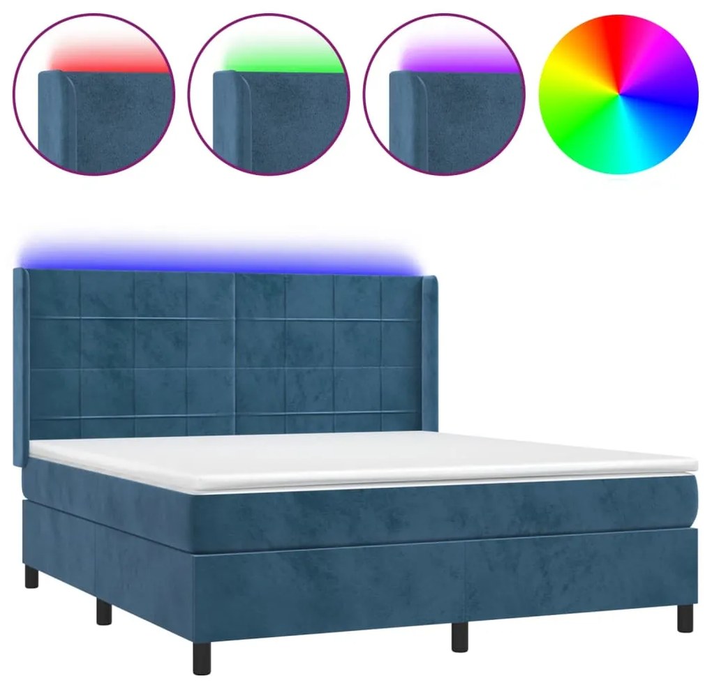vidaXL Κρεβάτι Boxspring με Στρώμα &amp; LED Σκ. Μπλε 180x200εκ. Βελούδινο