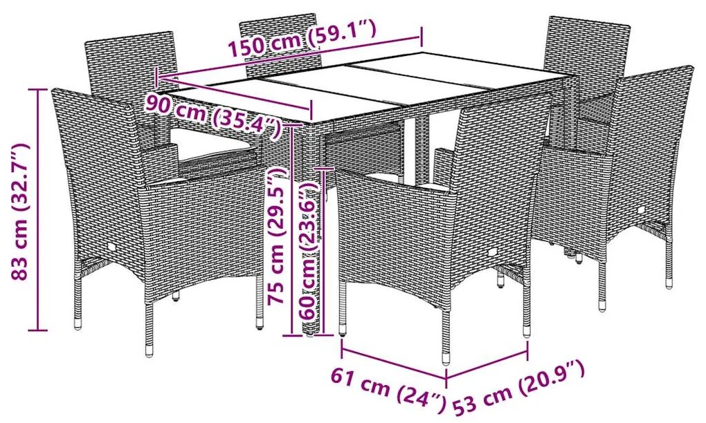 vidaXL Σετ Τραπεζαρίας Κήπου 7 τεμ. Γκρι Συνθ.Ρατάν/Γυαλί με Μαξιλάρια