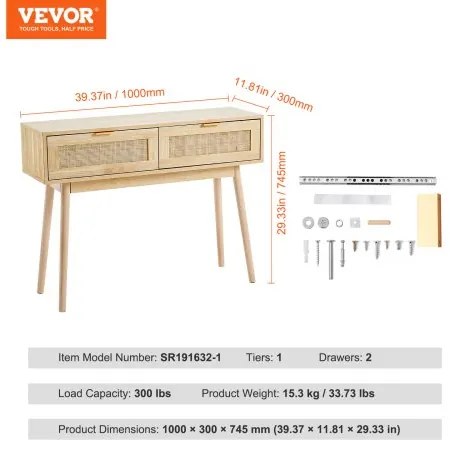 VEVOR Rattan Console Table with 2 Storage Drawers Rattan Sliding Door Natural
