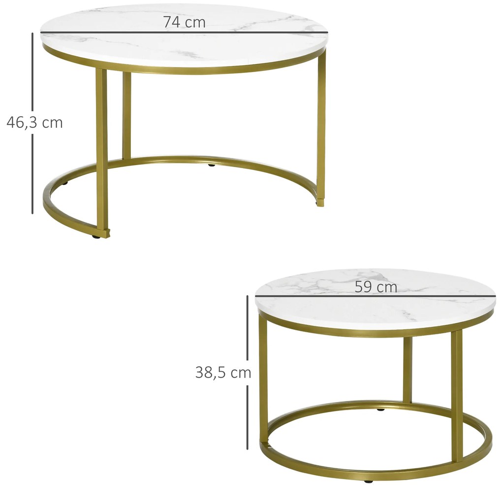 HOMCOM Σετ Τραπεζιών Σαλονιού, 2 Τραπεζάκια Σαλονιού, Ø74 &amp; Ø59 cm, Όψη Μαρμάρου, Σκελετός σε Χρυσό Χρώμα