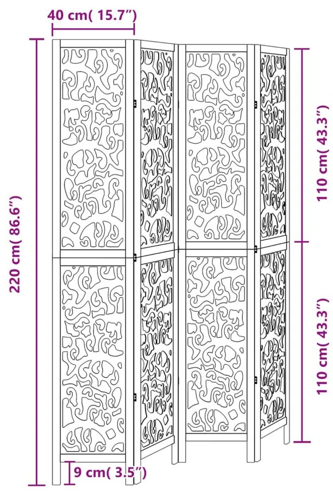 Διαχωριστικό Χώρου με 4 Πάνελ Μαύρο από Μασίφ Ξύλο Παυλώνιας - Μαύρο