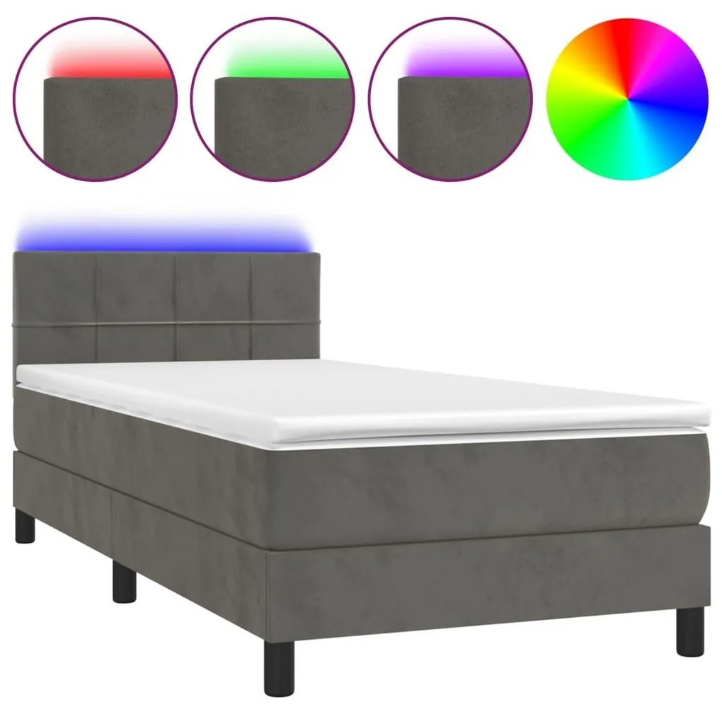 Κρεβάτι Boxspring με Στρώμα &amp; LED Σκ. Γκρι 90x200 εκ. Βελούδινο - Γκρι