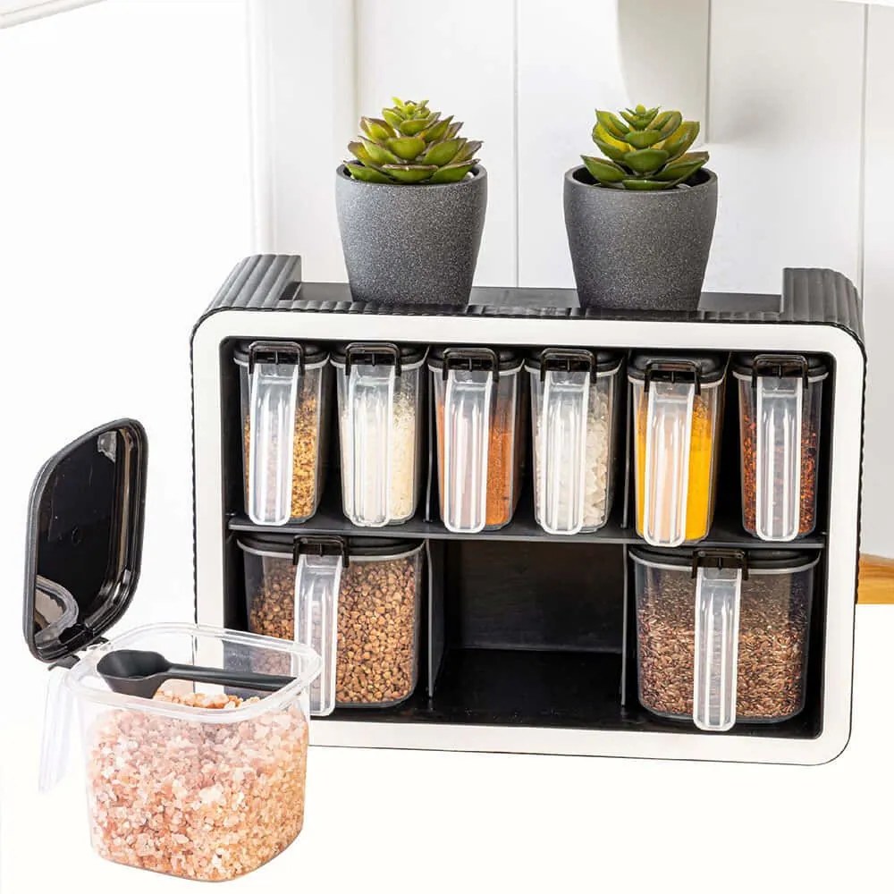 Βάση Μπαχαρικών Με Βαζάκια (Σετ 10Τμχ) 964FRM5627 32,5x12x22,5/4,5x10x8,7/9,5x10x9,3cm 250/550ml Anthracite Hermia Πλαστικό