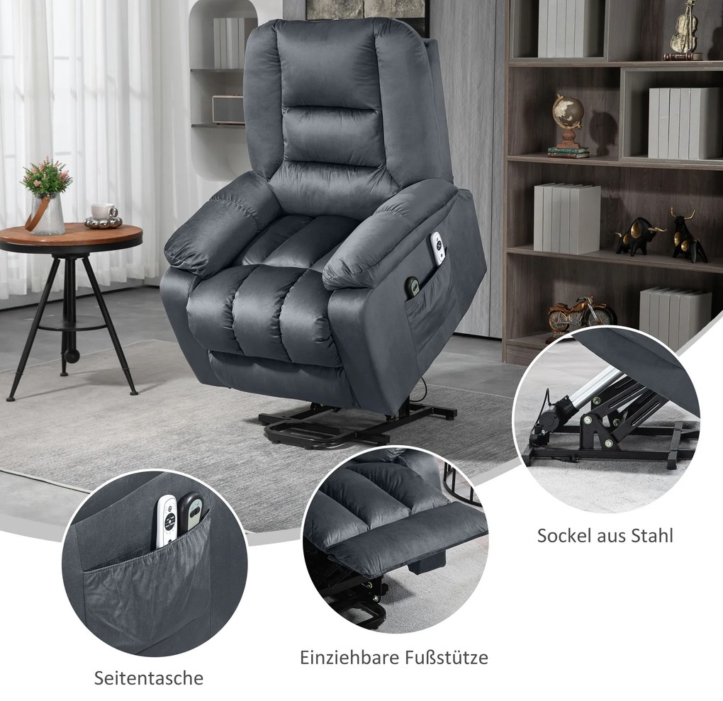 HOMCOM Πολυθρόνα μασάζ με υποβοήθηση ανύψωσης για ηλικιωμένους, 8 σημεία μασάζ, 2 πλαϊνές τσέπες, 85 cm x 94 cm x 107cm, γκρι