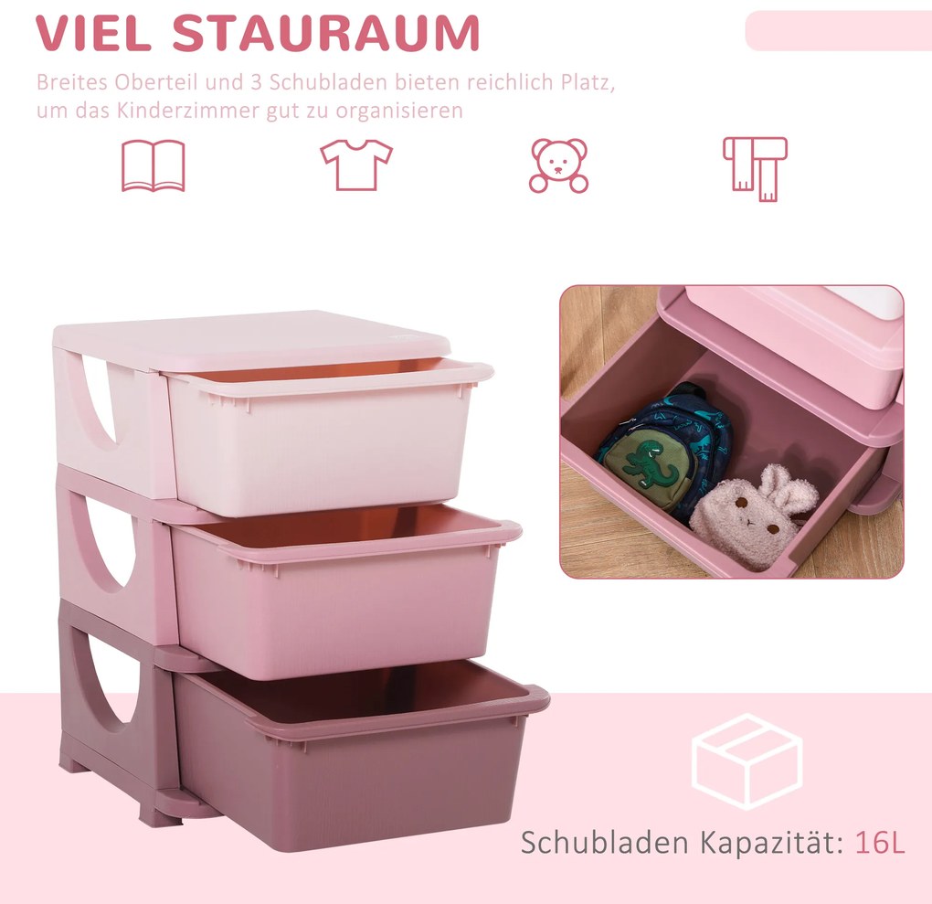 HOMCOM Κουτιά Αποθήκευσης για Παιδιά, 3 Συρτάρια, Στρογγυλεμένες Άκρες, Ανυψωμένο Σχέδιο, 37x37x56,5 cm, Ροζ