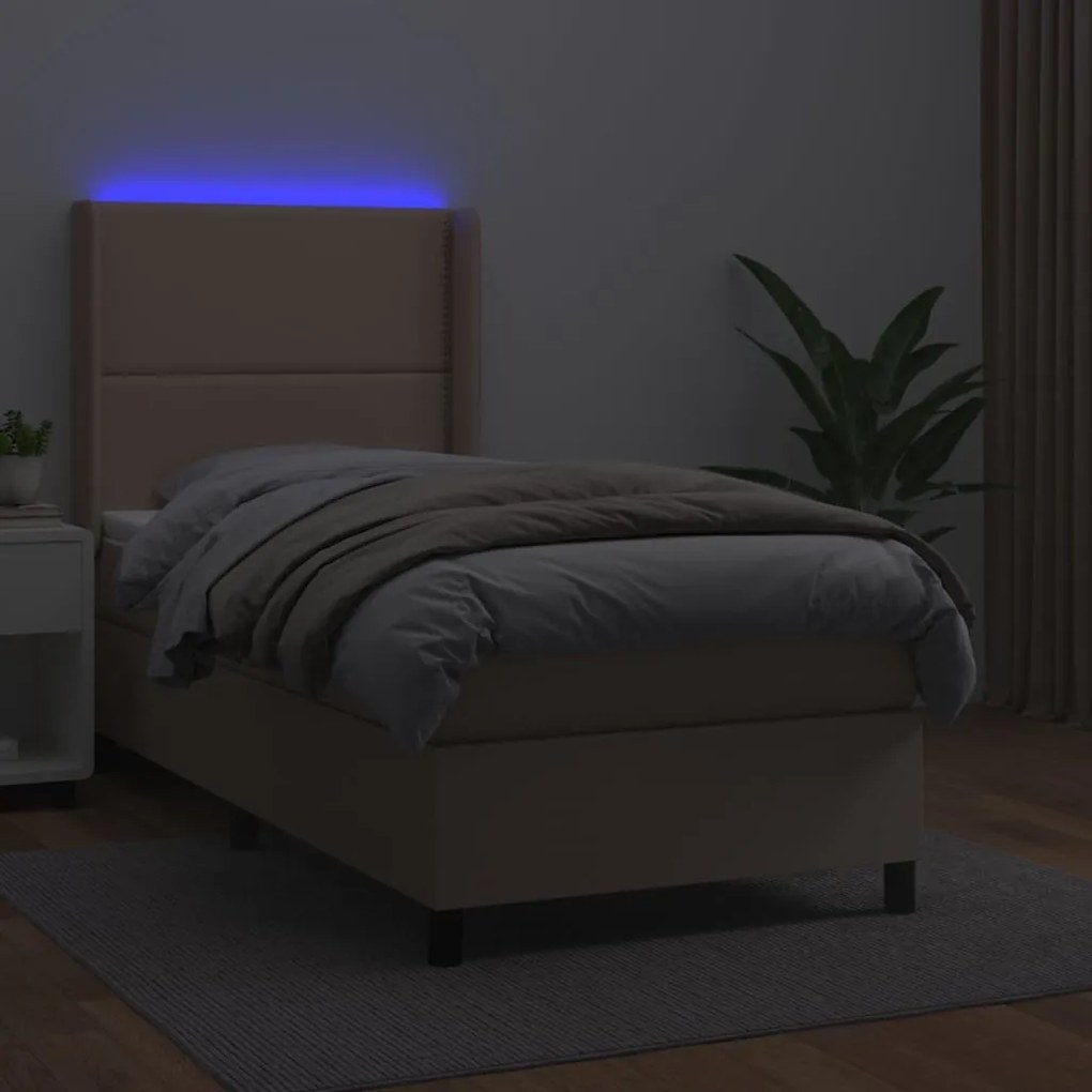 Κρεβάτι Boxspring Στρώμα&amp;LED Καπουτσίνο 100x200 εκ. Συνθ. Δέρμα - Καφέ