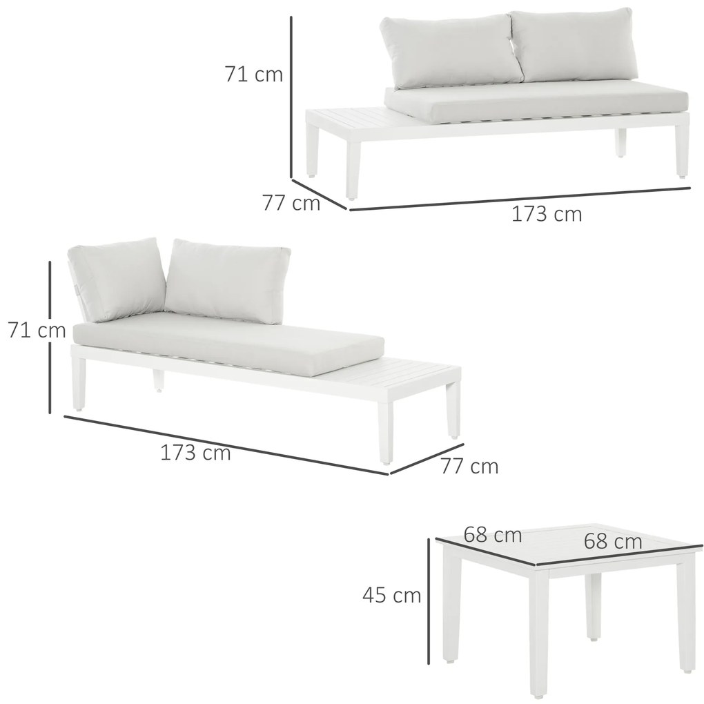 Outsunny Σετ επίπλων κήπου για 3 άτομα με βοηθητικό τραπέζι, καναπές με μαξιλάρια, σχήμα L, εξωτερικού χώρου, αλουμίνιο, κρεμ λευκό