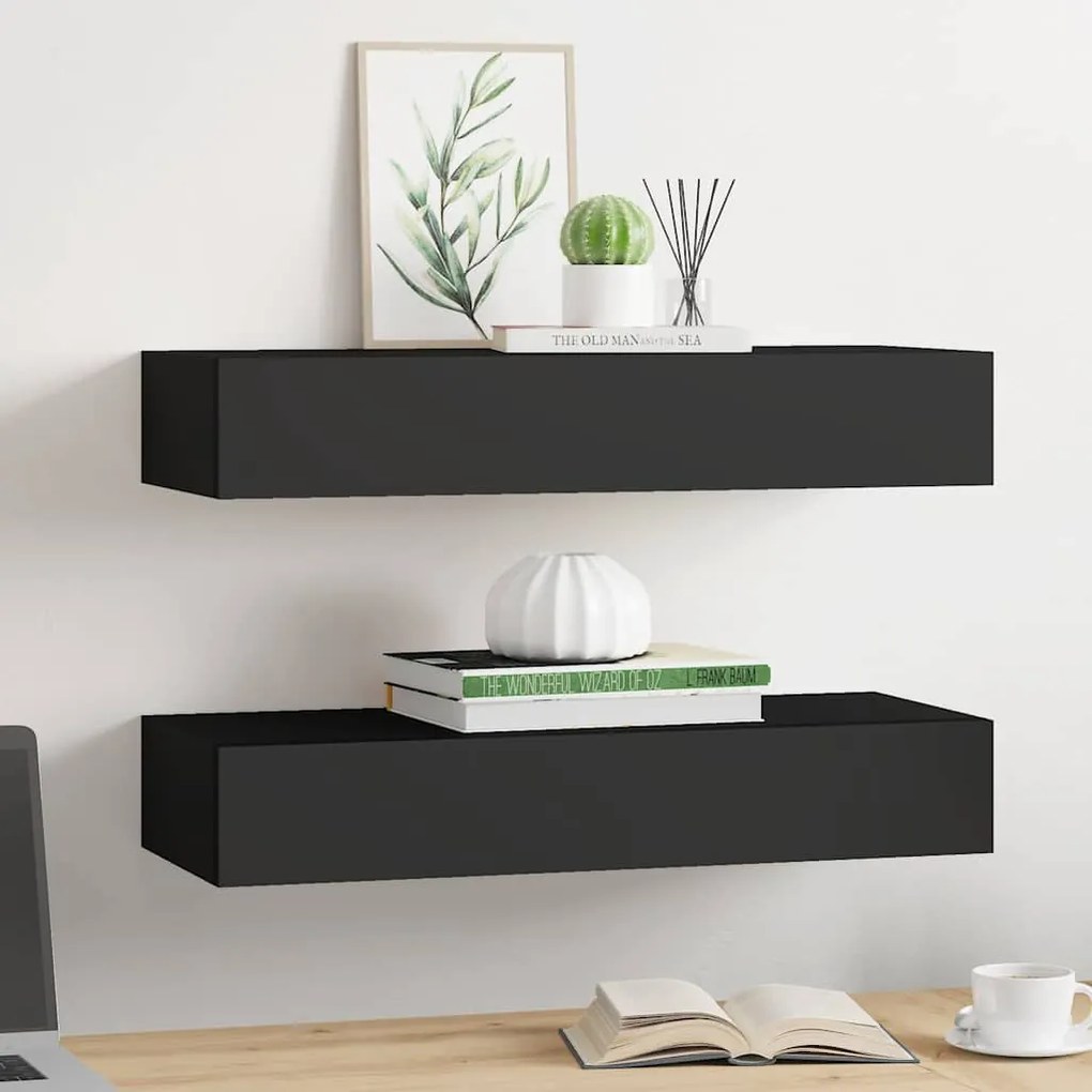vidaXL Ράφια Τοίχου με Συρτάρια 2 Τεμ. Μαύρα 60 x 23,5 x 10εκ. από MDF