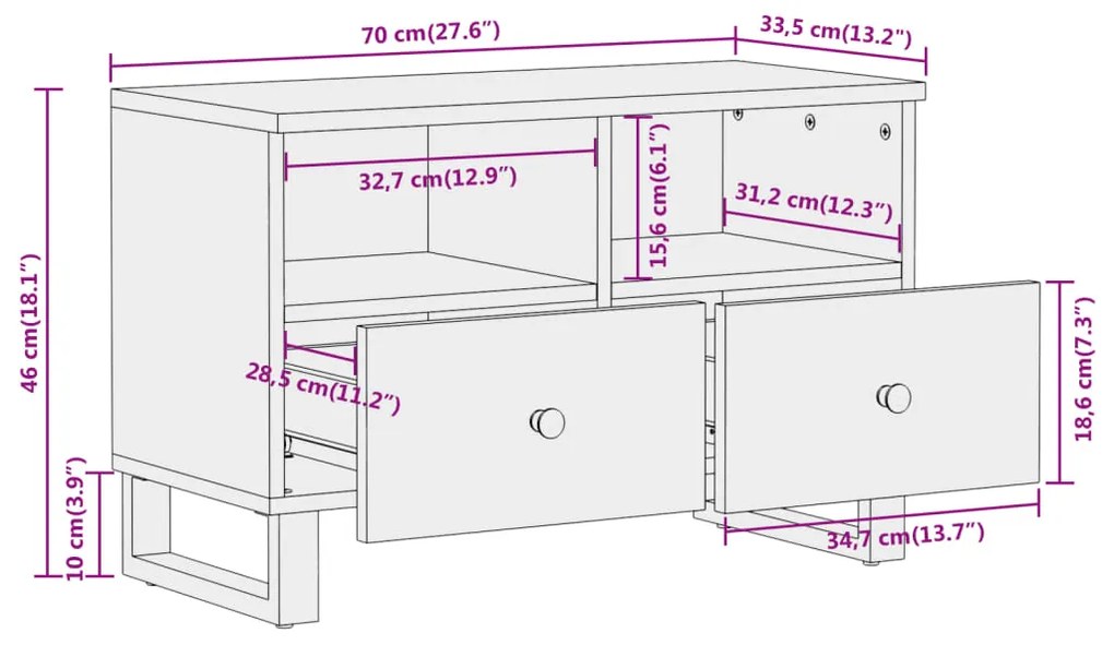 Έπιπλο Τηλεόρασης Καφέ/Μαύρο 70x33,5x46 εκ. Μασίφ Ξύλο Μάνγκο - Καφέ