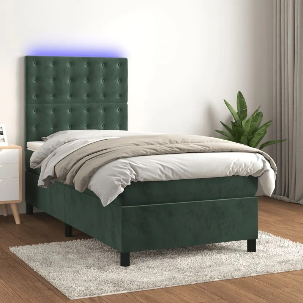 Κρεβάτι Boxspring με Στρώμα & LED Σκ. Πράσινο 90x200 εκ Βελούδο