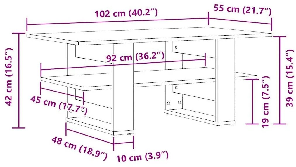 Τραπεζάκι Σαλονιού Αρτισιανή Δρυς 102x55x42εκ. Επεξ. Ξύλο - Καφέ