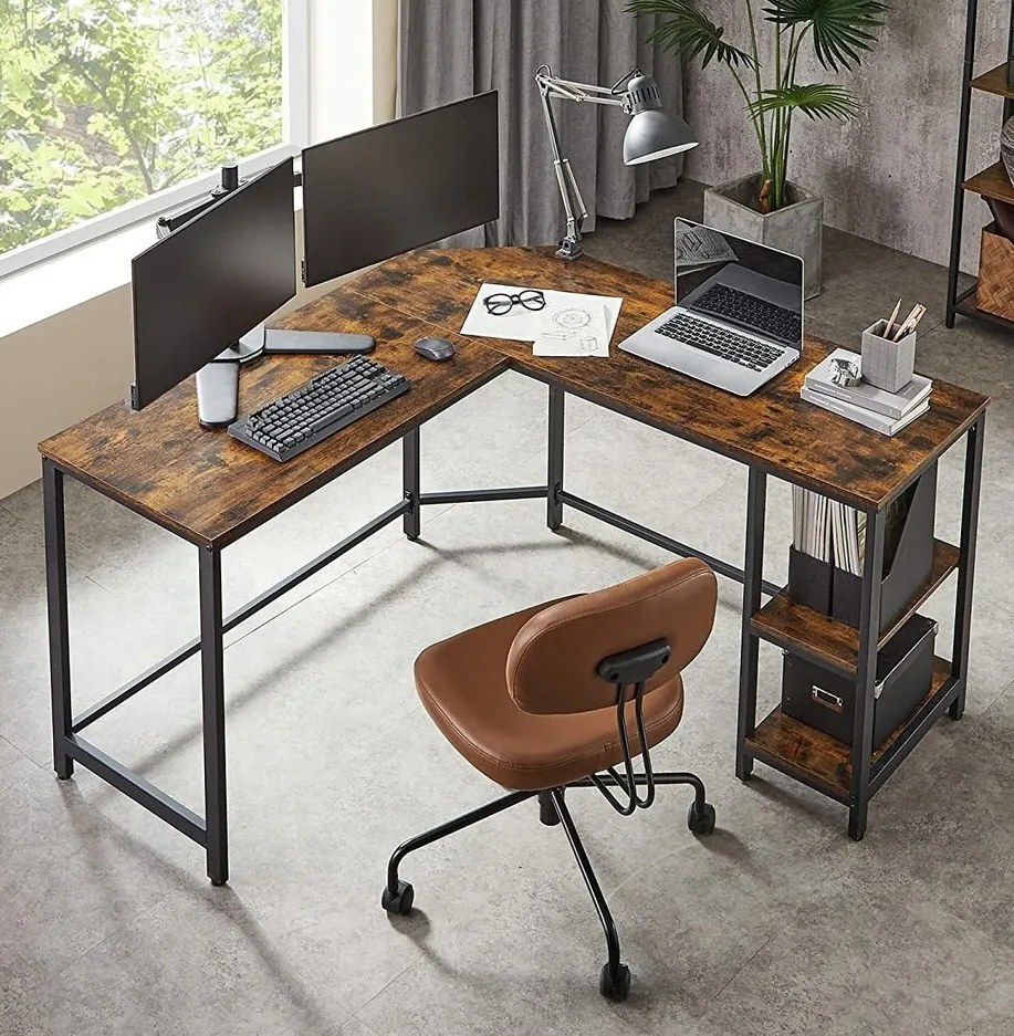 Γωνιακό τραπέζι γραφείου Burbank 120, Γωνιακός, 76x138x138cm, 26 kg, Μαύρο, Καφέ | Epipla1.gr