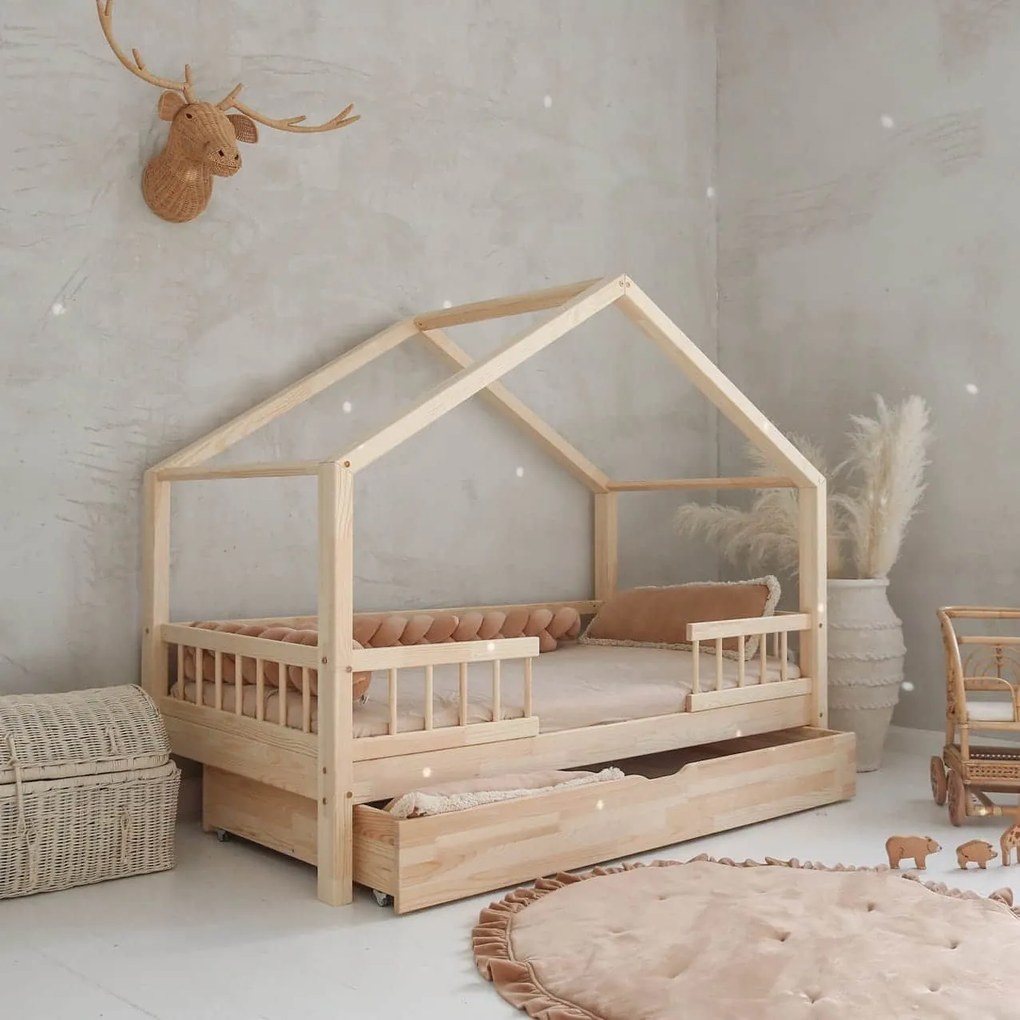 Κρεβάτι Παιδικό Montessori HouseBed Bello Duo Plus με Αφαιρούμενα Κάγκελα 23cm  + Συρτάρι σε Φυσικό  Ξύλο  90×200cm  Luletto (Δώρο 10% έκπτωση στο Στρώμα)