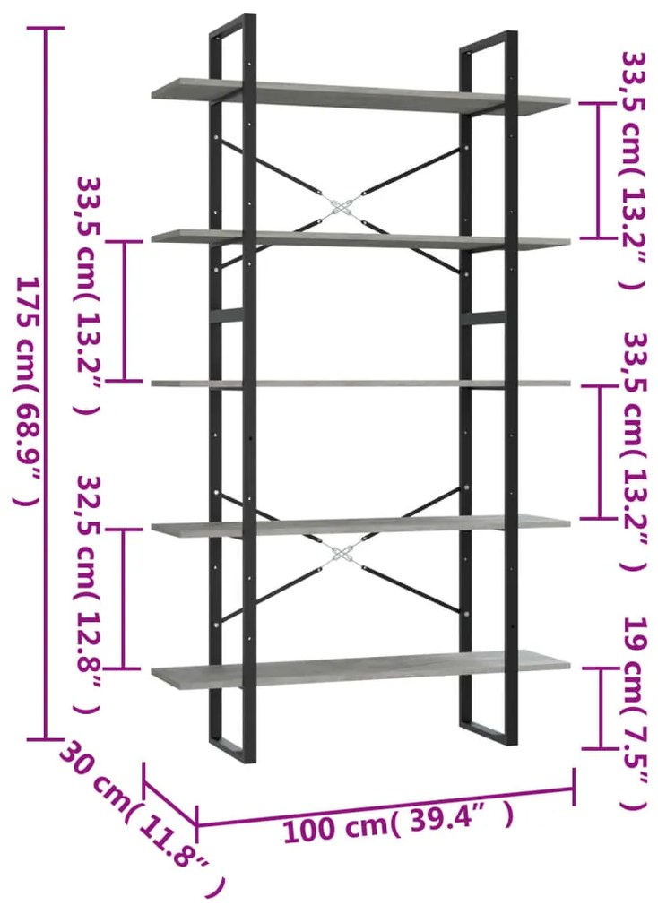 vidaXL Βιβλιοθήκη με 5 Ράφια Γκρι Σκυρ. 100 x 30 x 175 εκ. Επεξ. Ξύλο