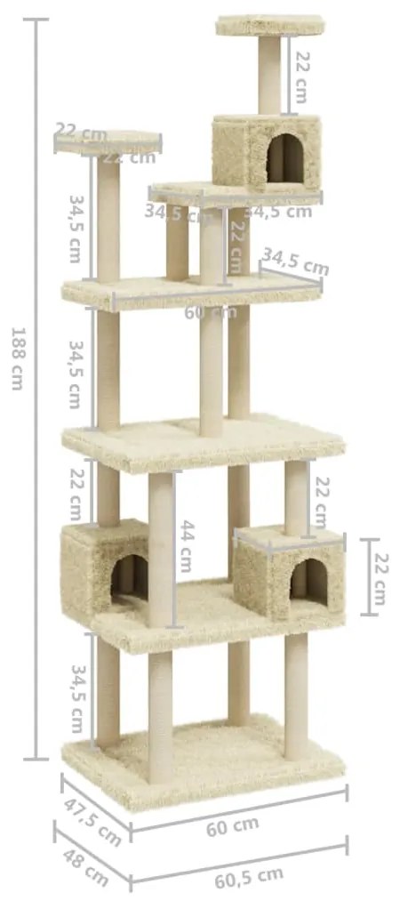 Γατόδεντρο Κρεμ 188 εκ. με Στύλους Ξυσίματος από Σιζάλ - Κρεμ
