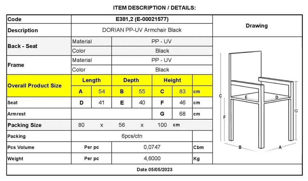 Πολυθρόνα DORIAN PP-UV Μαύρη 54x55x83cm (Σετ 4 ΤΕΜ)