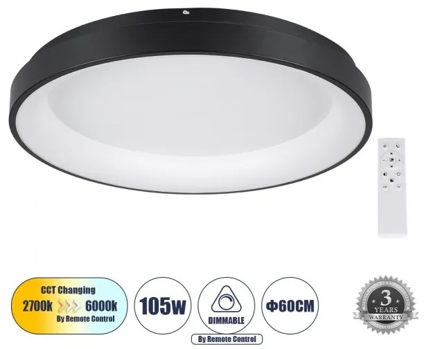 Πλαφονιέρα Φωτιστικό Οροφής Δαχτυλίδι LED CCT 105W 12075lm SALEM Globostar 61237 Μαύρο