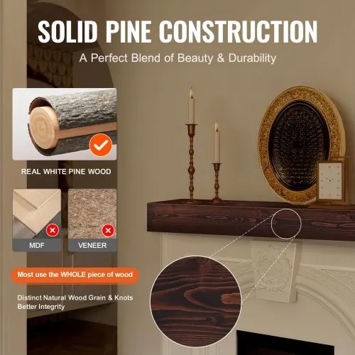VEVOR Fireplace Mantel Wood Shelf Floating Rustic Fireplace Mantel 60&quot; Brown