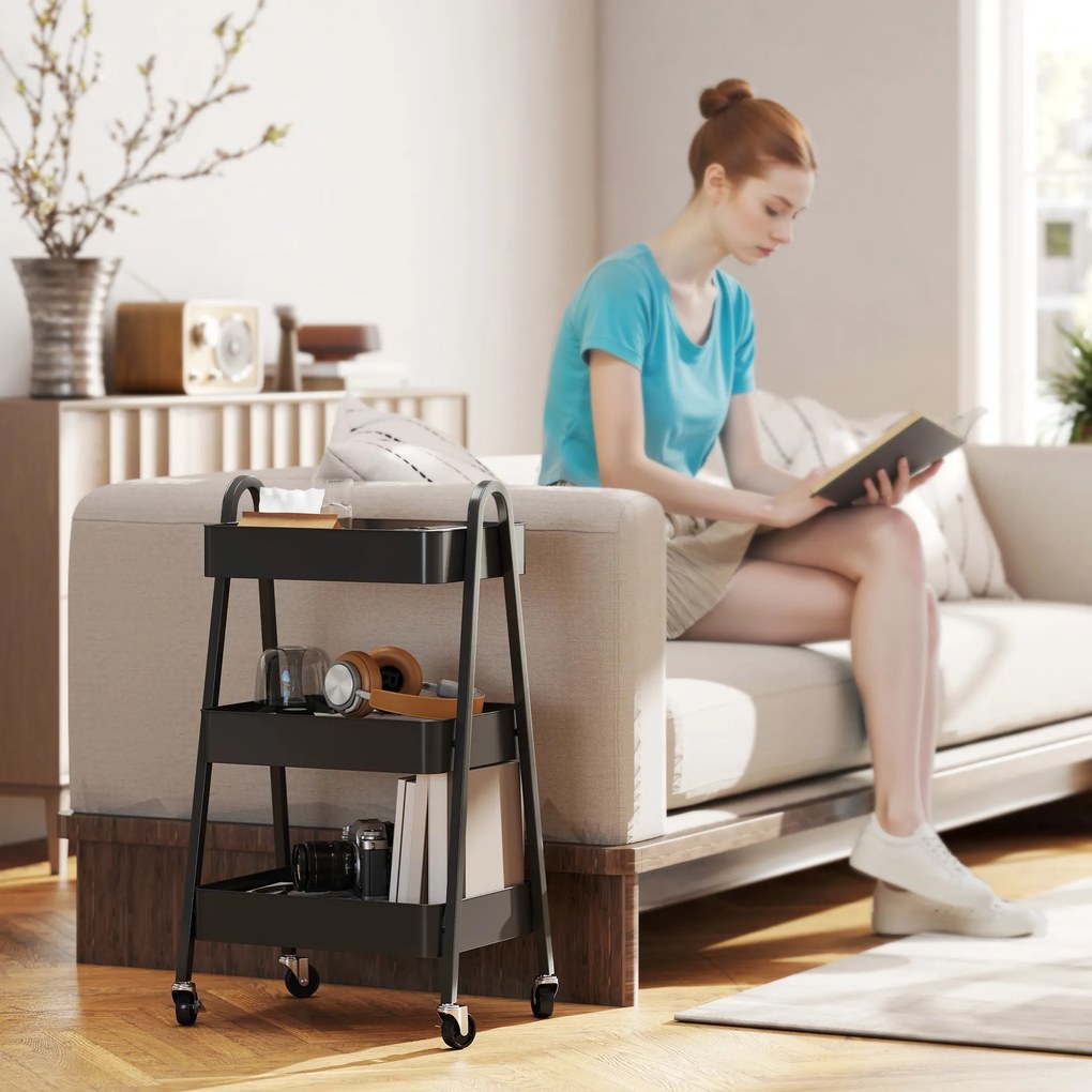 HOMCOM Τροχήλατο καρότσι σερβιρίσματος 3 επιπέδων, καρότσι κουζίνας με ροδάκια, λαβή, καρότσι με φρένο για κουζίνα, γραφείο, μπάνιο, μαύρο