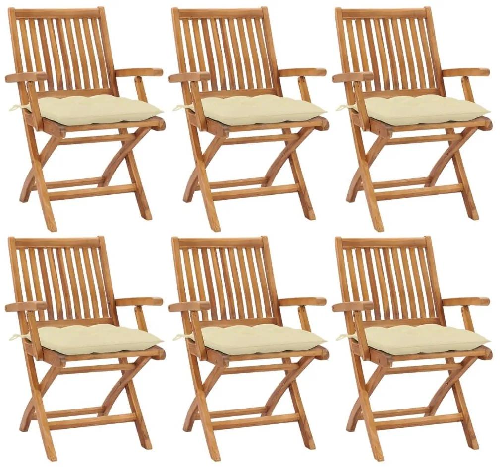 Καρέκλες Κήπου Πτυσσόμενες 6 τεμ. Μασίφ Ξύλο Teak με Μαξιλάρια - Λευκό