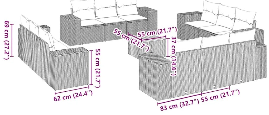 vidaXL Σαλόνι Κήπου 13 τεμ. Μαύρο από Συνθ. Ρατάν με Μαξιλάρια