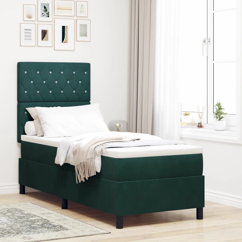 vidaXL Κρεβάτι Box Spring με Στρώμα & LED Σκούρο Πράσινο 80x200 εκ Βελούδο