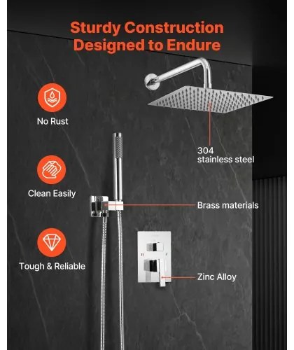 VEVOR Shower Faucet Set 10&quot; Square Rain Shower Head and Hand Set Silver Chrome