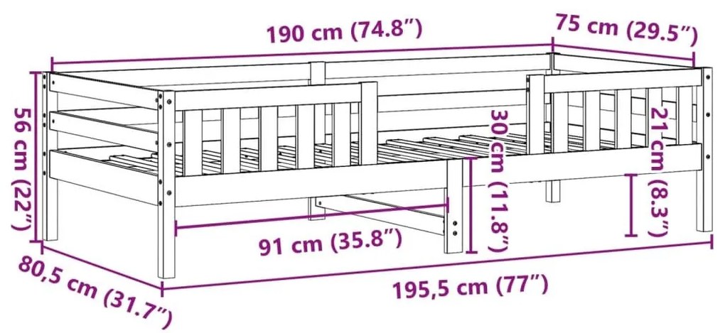 Σκελετός Κρεβ. Χωρίς Στρώμα Λευκό 75x190 εκ Μασίφ Πεύκο - Λευκό