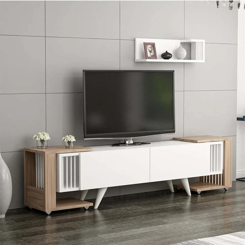 Σύνθεση Τηλεόρασης Με Τραπεζάκια Leron 506MNR1119 150x30x41cm Walnut-White