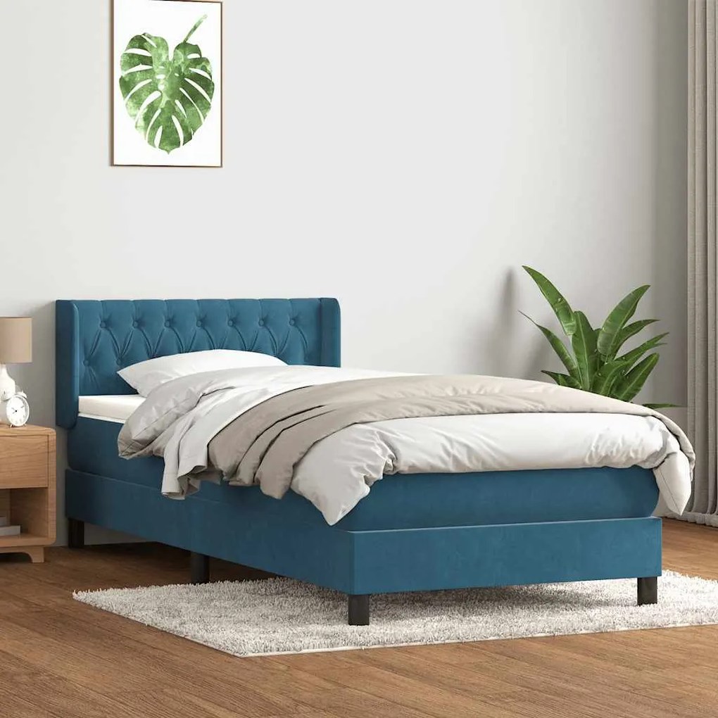 vidaXL Κρεβάτι Boxspring με Στρώμα Σκούρο Μπλε 100x210 εκ. Βελούδινο