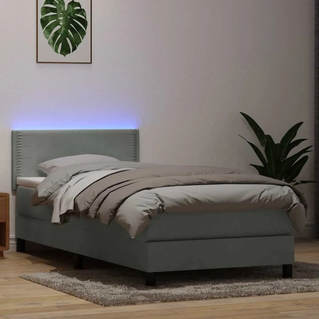 vidaXL Κρεβάτι Boxspring με Στρώμα &amp; LED ανοιχτό γκρι 90x220 εκ. Βελούδινο