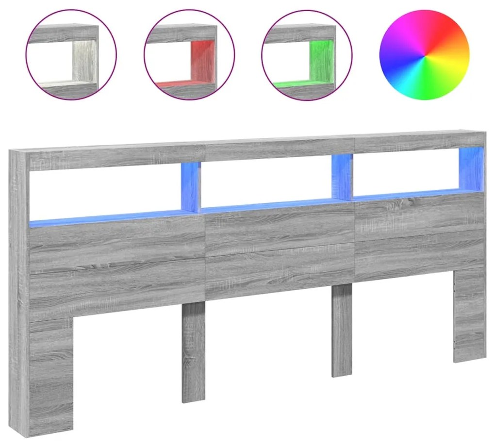 vidaXL Κεφαλάρι με Αποθηκ. Χώρο &amp; LED Γκρι Sonoma 220x17x102 εκ.