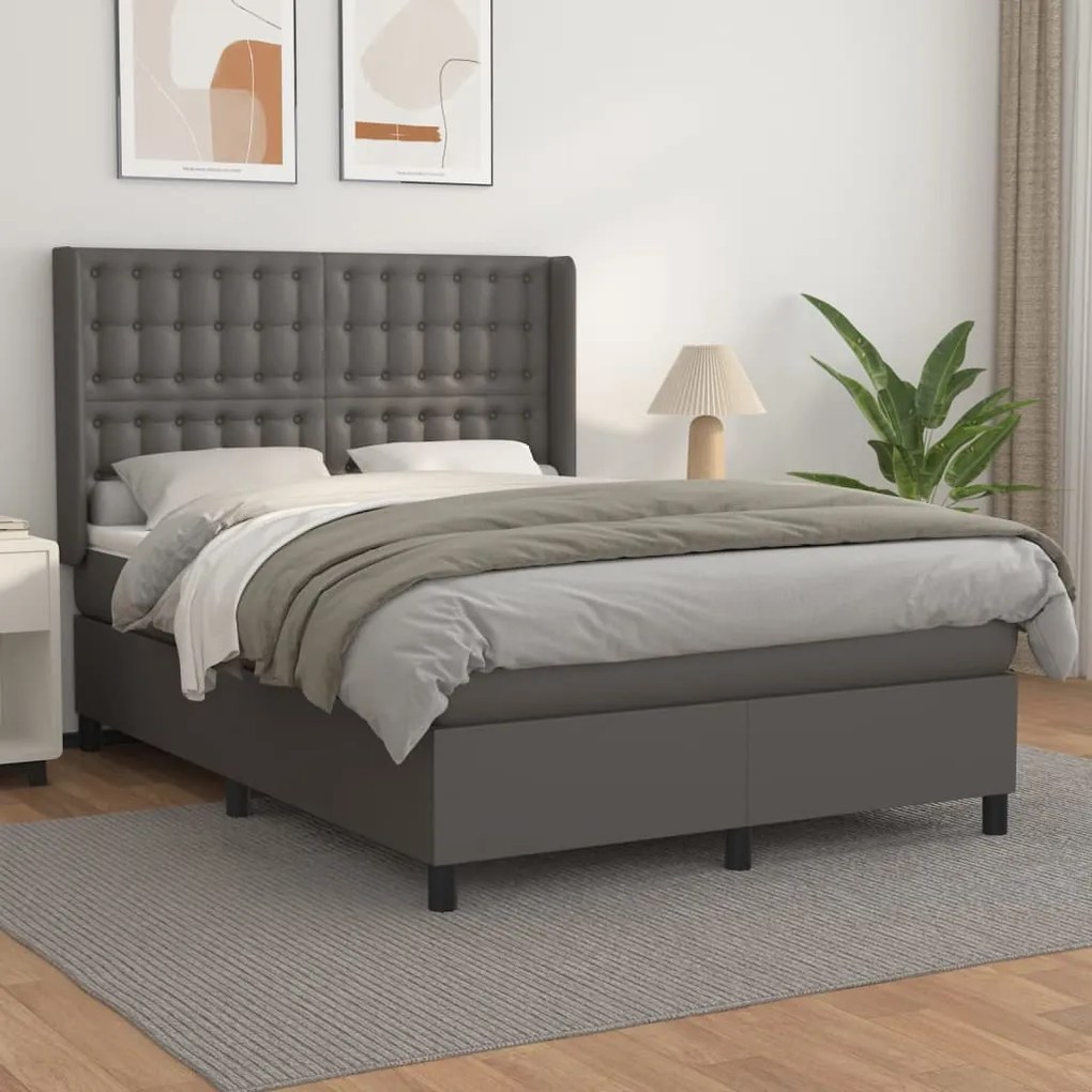 vidaXL Κρεβάτι Boxspring με Στρώμα Γκρι 140x190εκ. από Συνθετικό Δέρμα