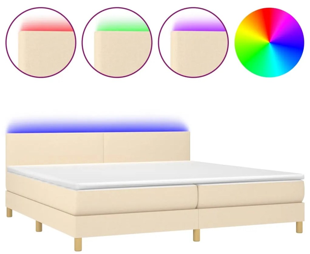 vidaXL Κρεβάτι Boxspring με Στρώμα & LED Κρεμ 200x200 εκ. Υφασμάτινο