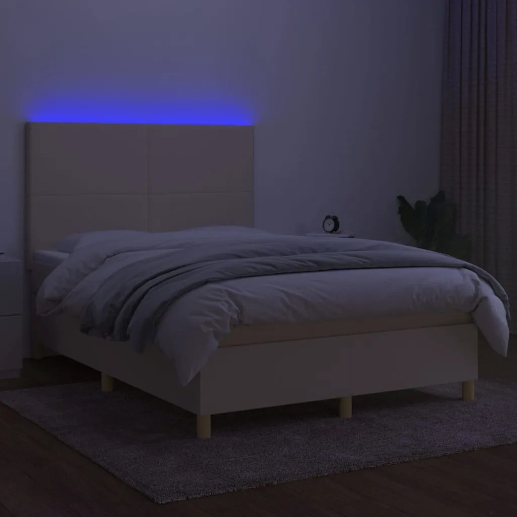 vidaXL Κρεβάτι Boxspring με Στρώμα &amp; LED Κρεμ 140x200 εκ. Υφασμάτινο